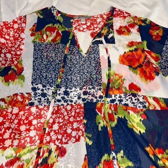 Valerie Stevens Shirt Womens XL Red/Blue Floral Short Sleeve Sheer Cinch Waist - Picture 2 of 8